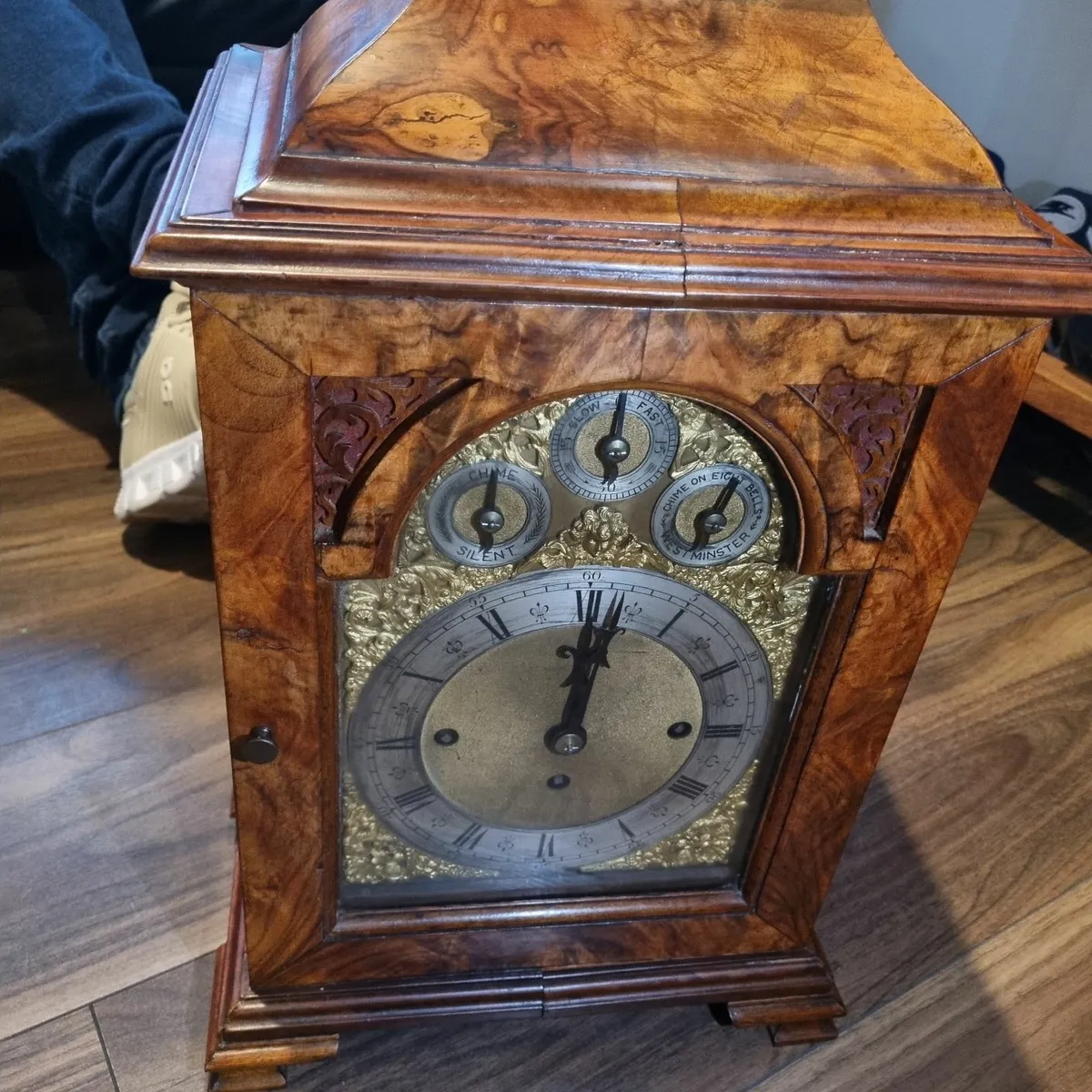 antique burr walnut triple fusee mantle clock - Image 1