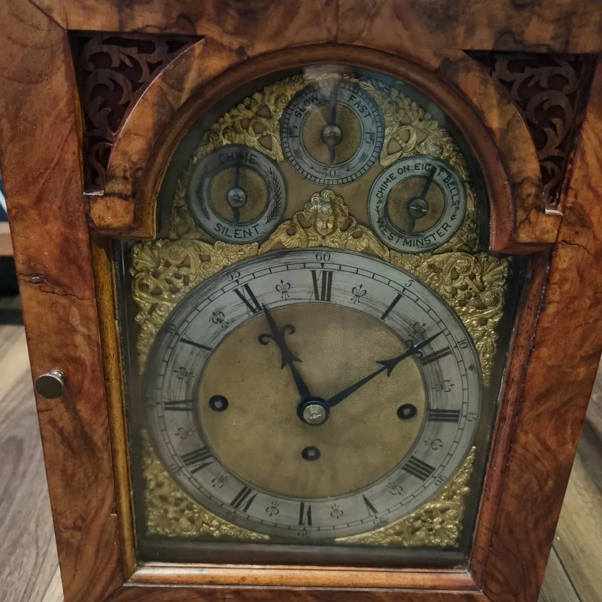antique burr walnut triple fusee mantle clock - Image 2