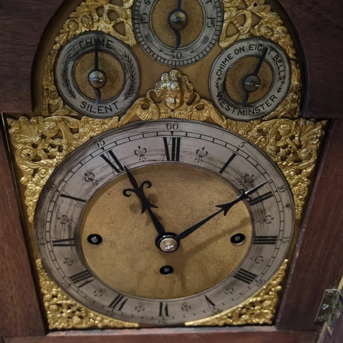 antique burr walnut triple fusee mantle clock - Image 3