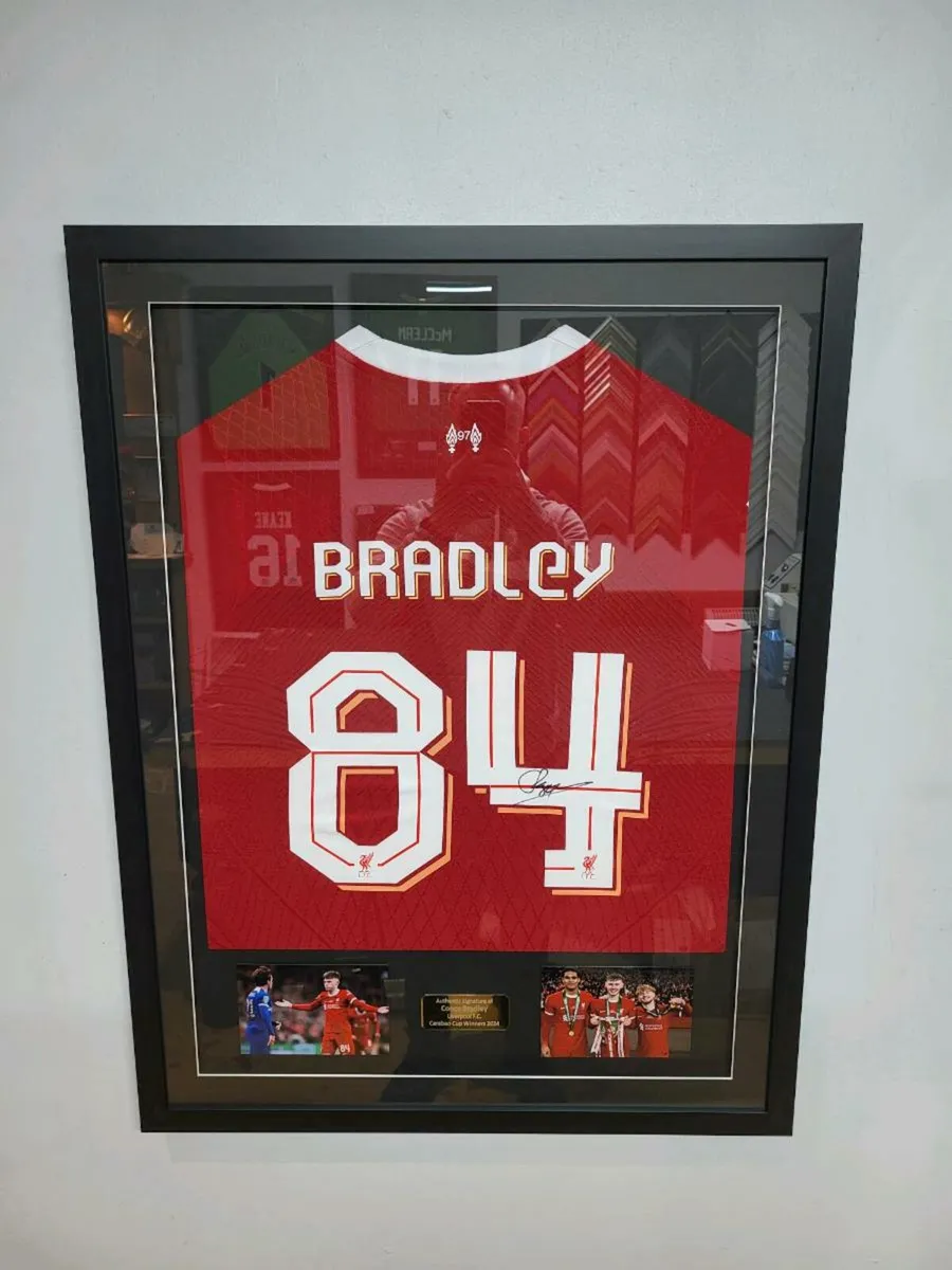 Conor Bradley Framed Signed Liverpool Shirts - Image 1