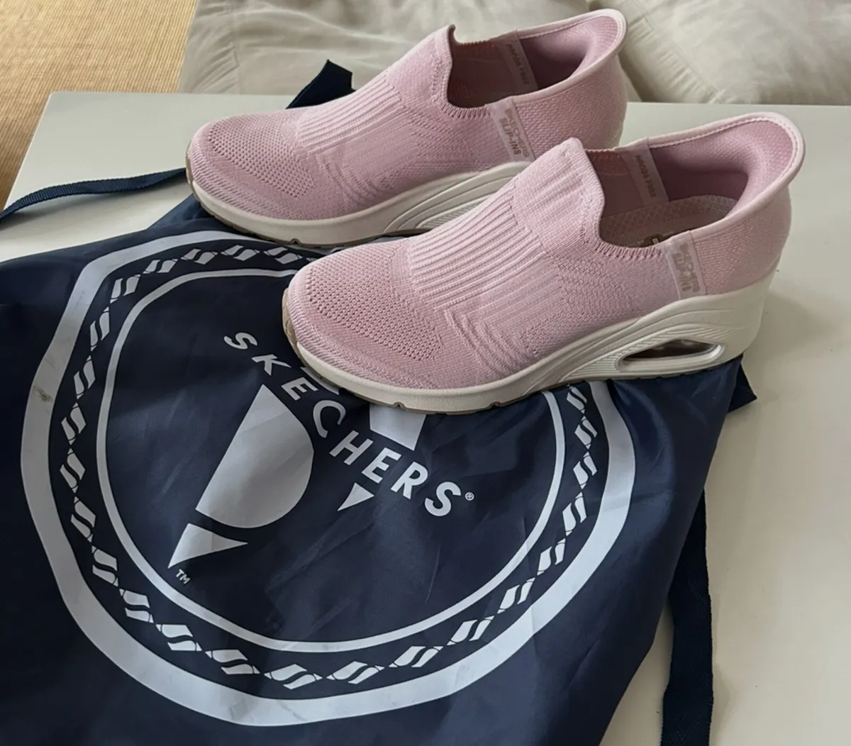 Pink Wedge Skechers Slip-INS - Image 1