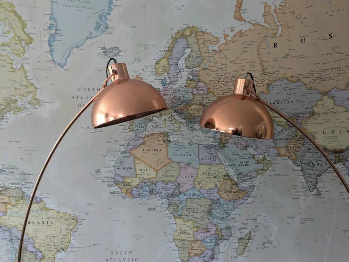 Stunning Pair of Copper Rose Gold Arc Floor Lamps - Image 1
