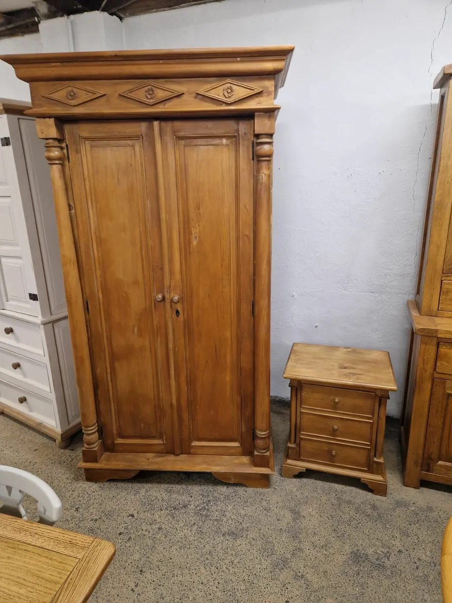 Vintage pine wardrobe matching bedside locker - Image 1