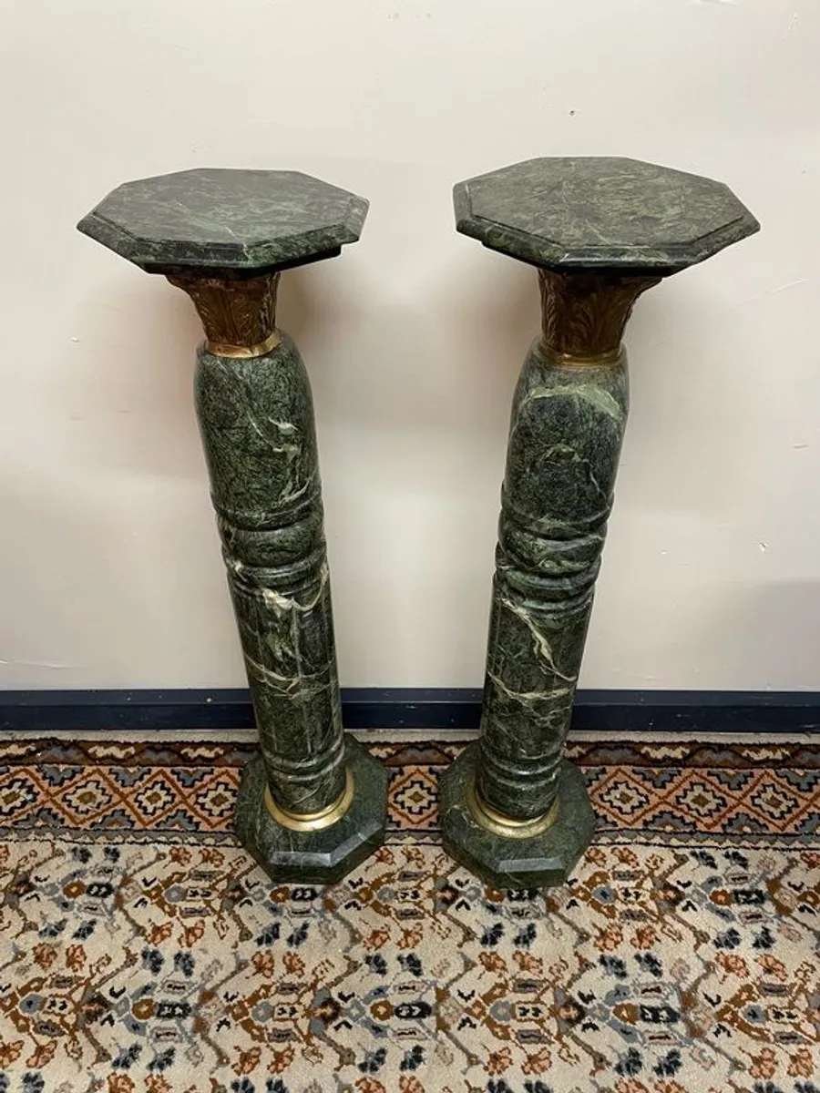 Spectacular Pair of Large Marble Pillars/ Columns w. Bronze Decor - Image 1