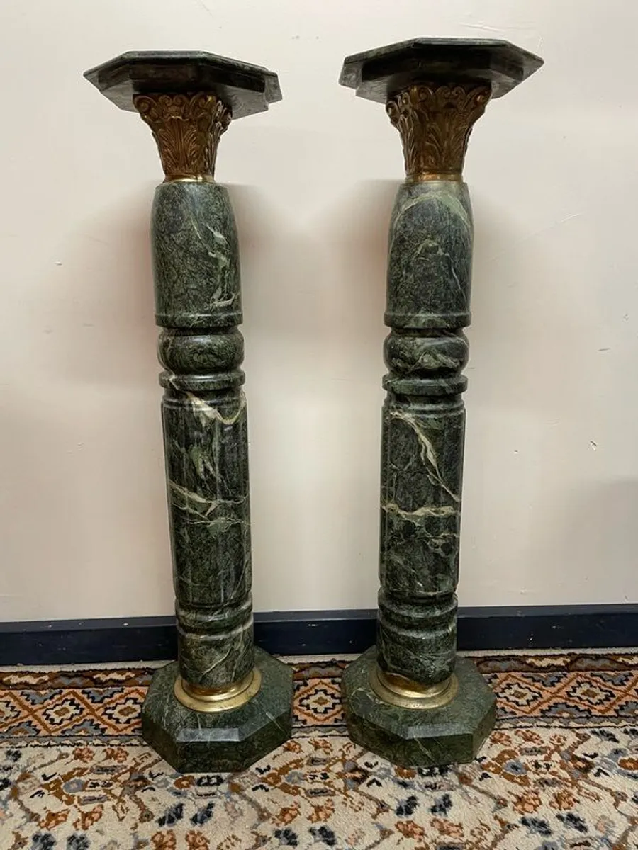 Spectacular Pair of Large Marble Pillars/ Columns w. Bronze Decor - Image 2