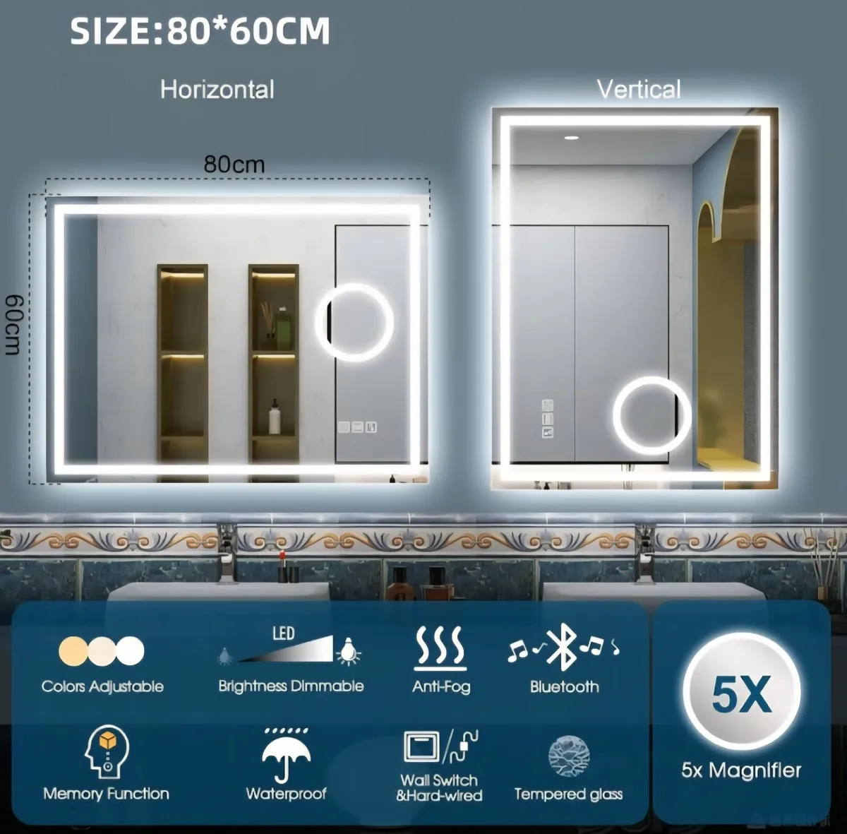 LED Bathroom Mirror Speakers Antifog 80x60cm - Image 2