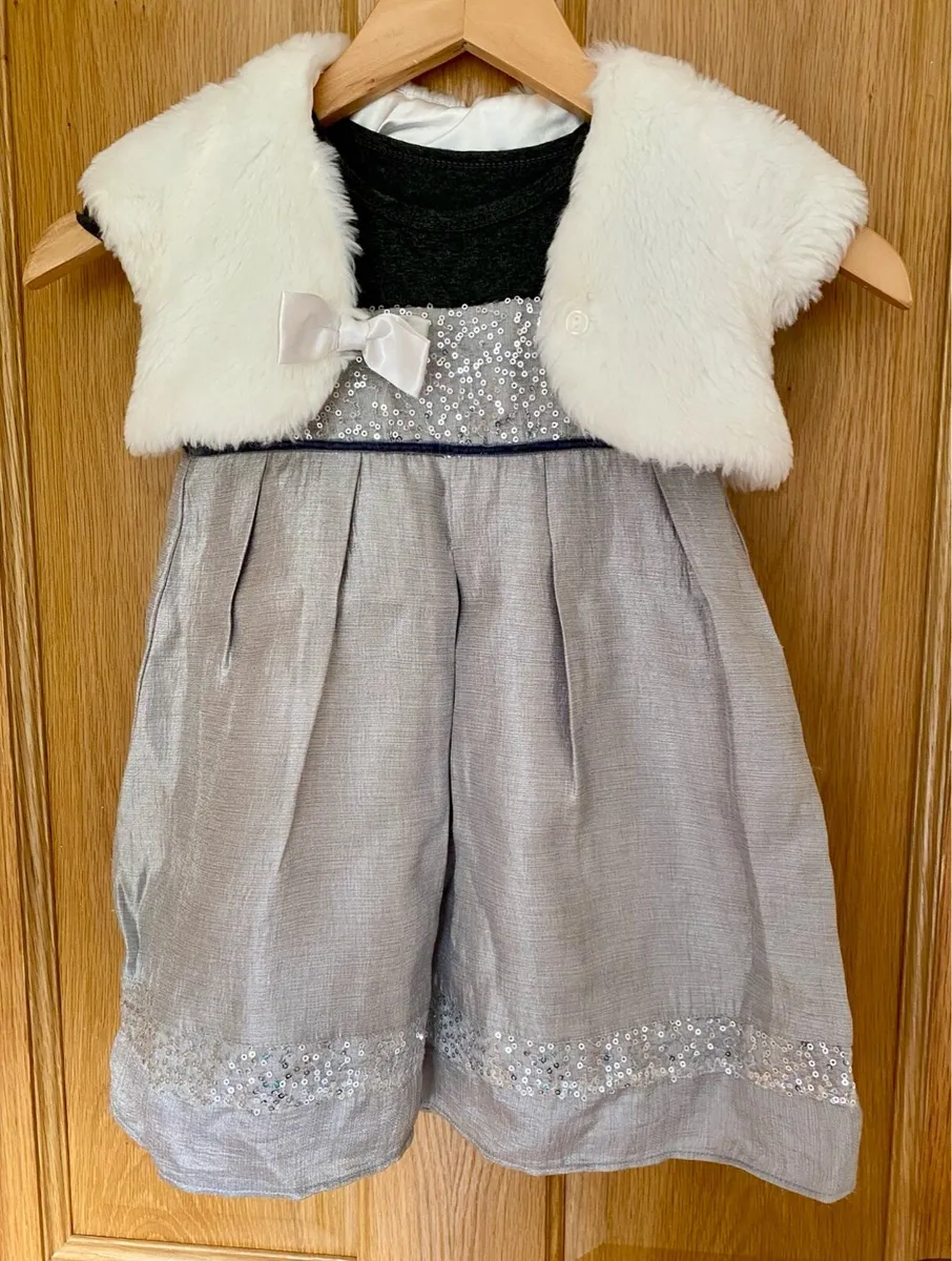 Girl’s Occasional Silver Satin Grey Sequins Dress - Image 1