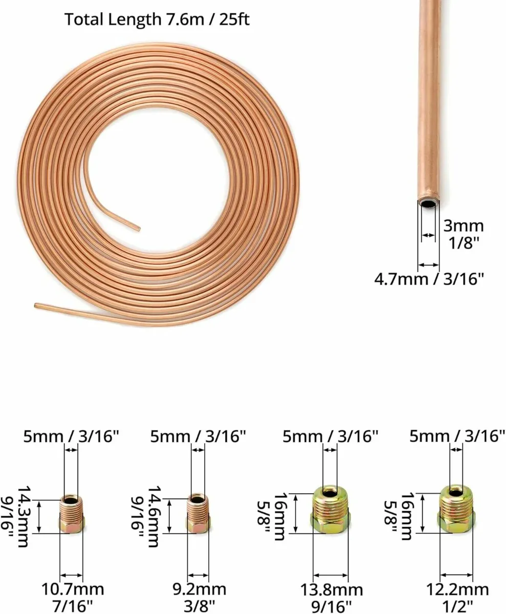 3/16" x 25ft/7.6m Copper Plated Brake Pipe, OD 4.