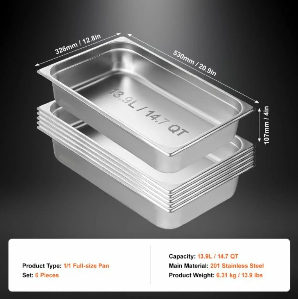 6 Pack Full Size Stainless Steel Steam Table Pan - Image 3