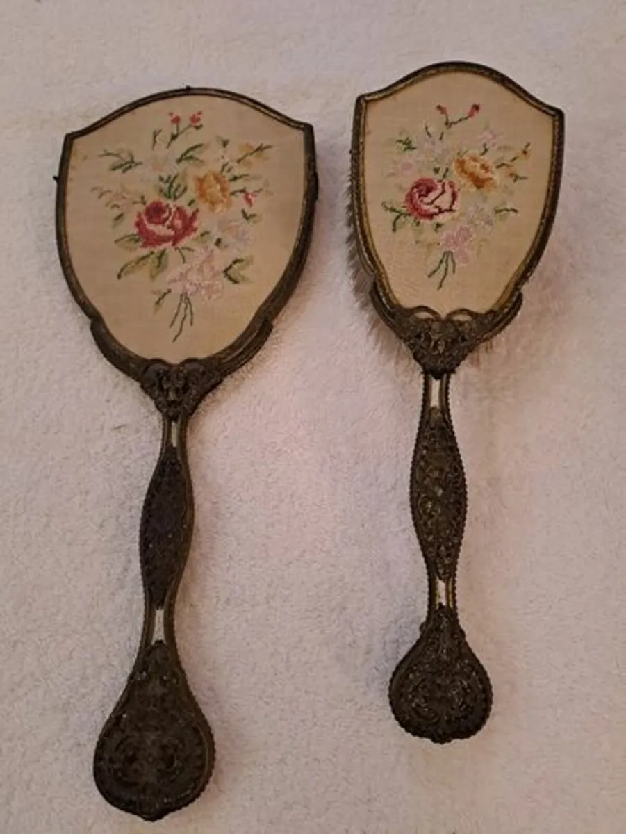 Vintage tappestry backed brush and mirror - Image 1