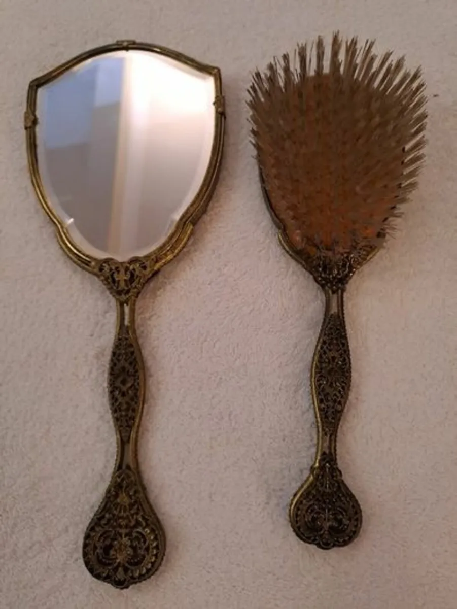 Vintage tappestry backed brush and mirror - Image 2