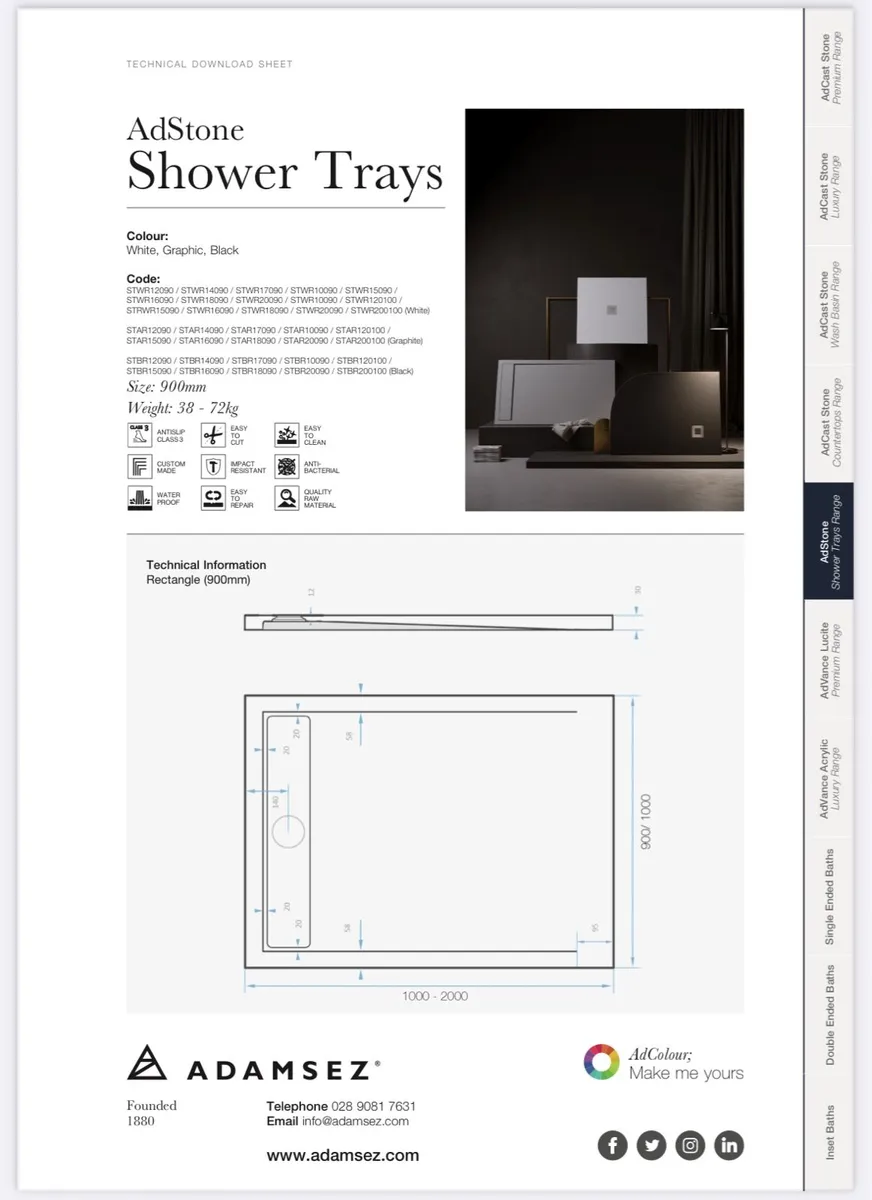 Adstone slate affect shower tray 1200mm x 1000mm - Image 3