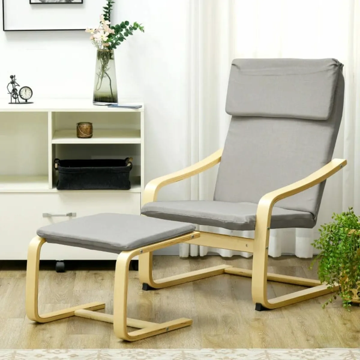 Lounge Chair with Ottoman, Linen-Look Cover, Woode - Image 2