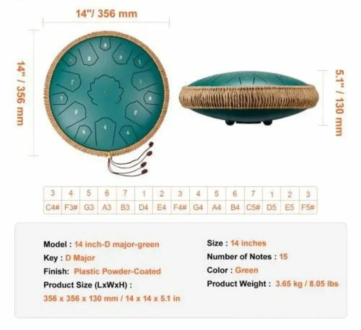 Steel Tongue Drum, 14 in & 15 Notes, Rain Drum for - Image 3