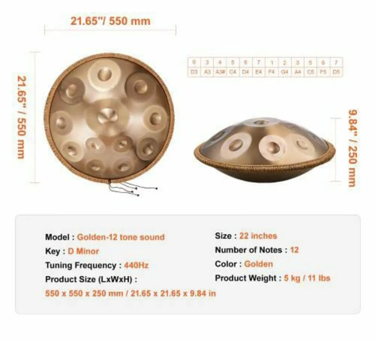 Handpan Drum 55.9 cm 12 Notes D Minor Hand Drum In - Image 2