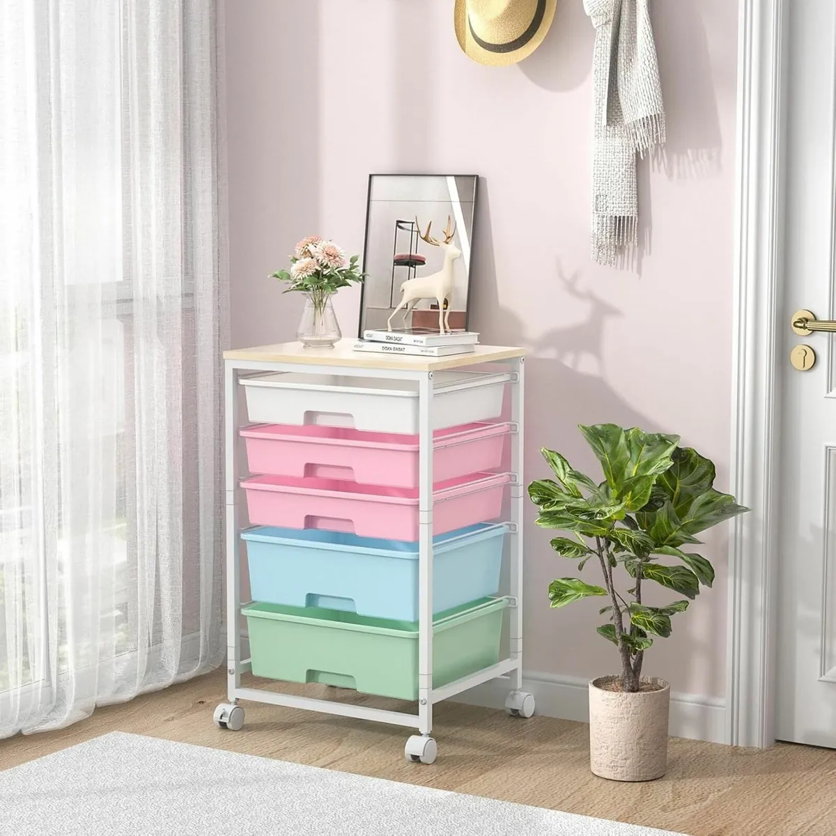 Kitchen Trolley 5 Drawers Wheels Wooden Top - Image 1