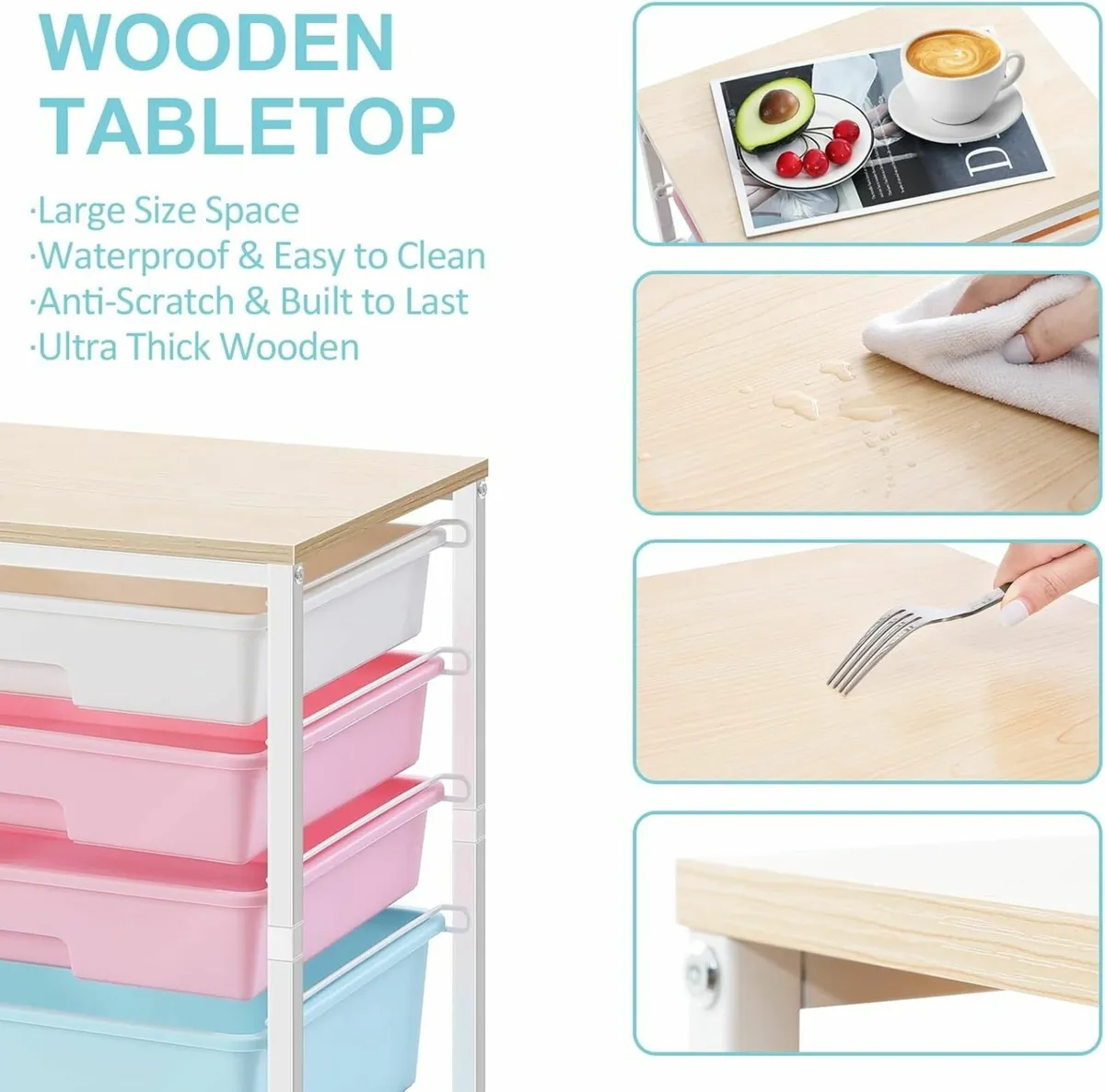 Kitchen Trolley 5 Drawers Wheels Wooden Top - Image 3