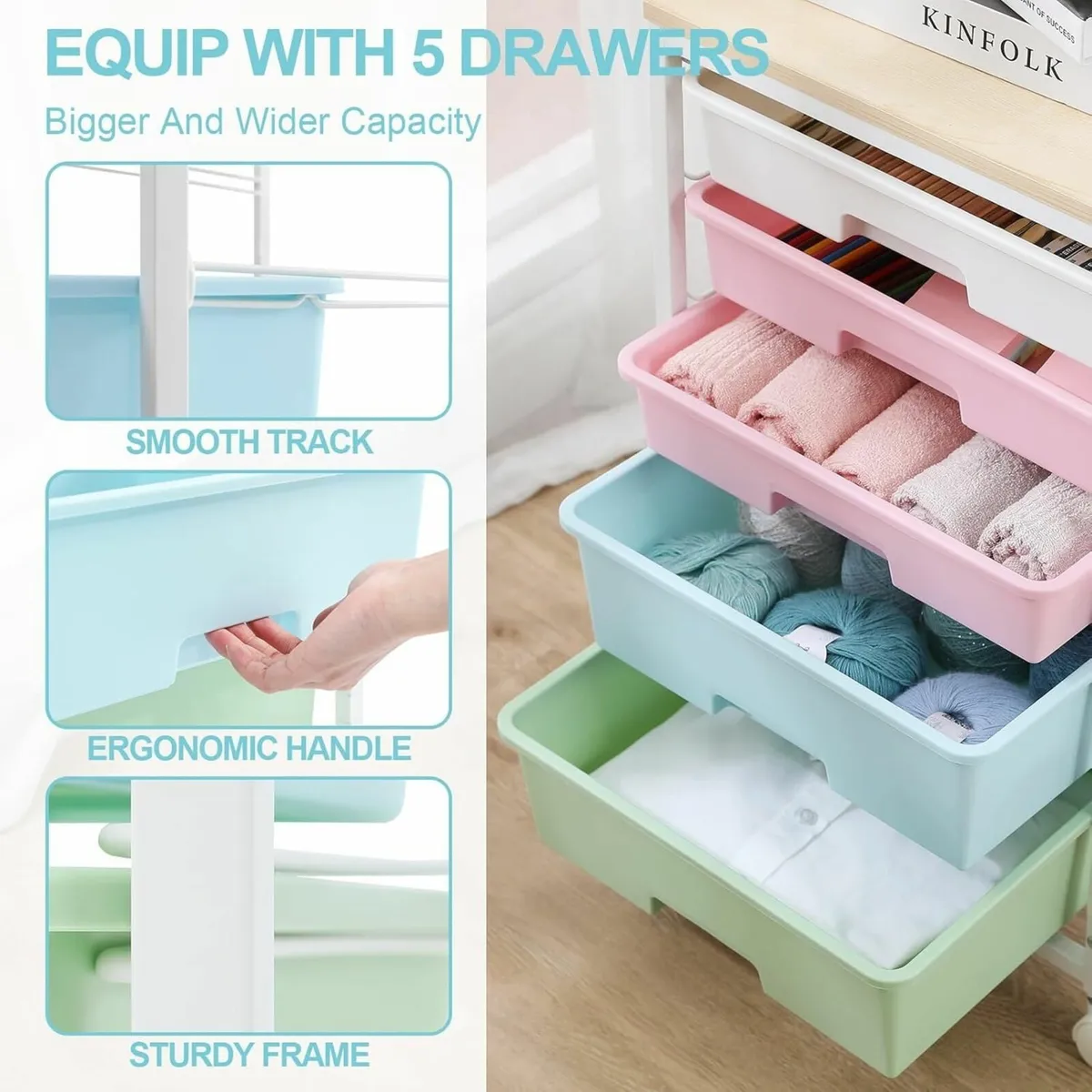 Kitchen Trolley 5 Drawers Wheels Wooden Top - Image 4