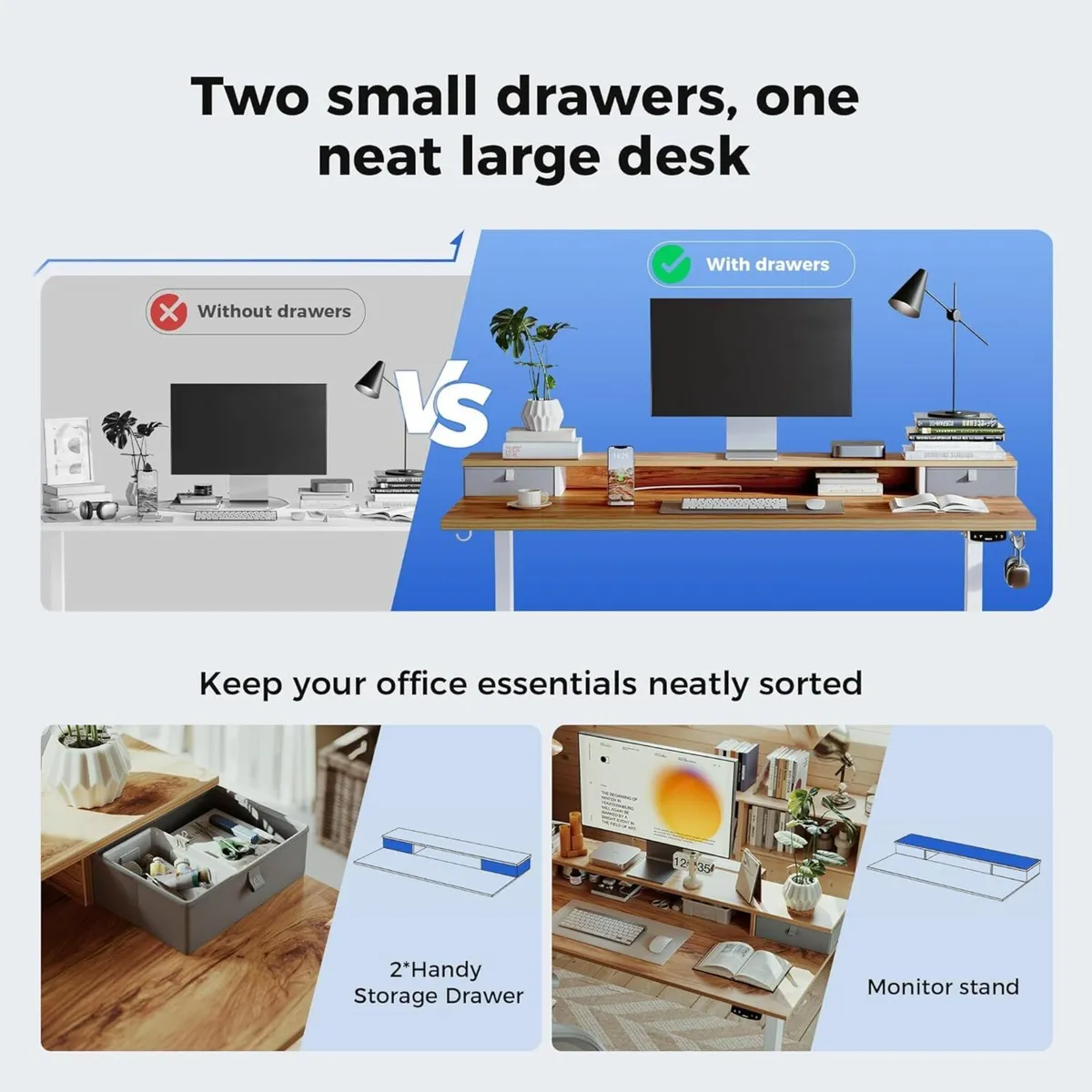 Electric Adjustable Office Desk Drawers 120x60cm - Image 3