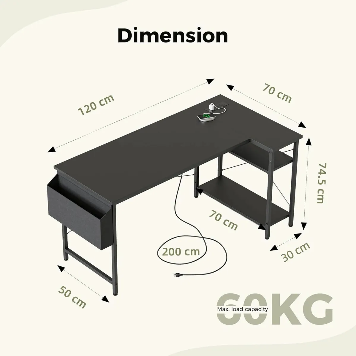 L Shaped Desk Office Power Outlets,120x70 cm - Image 2