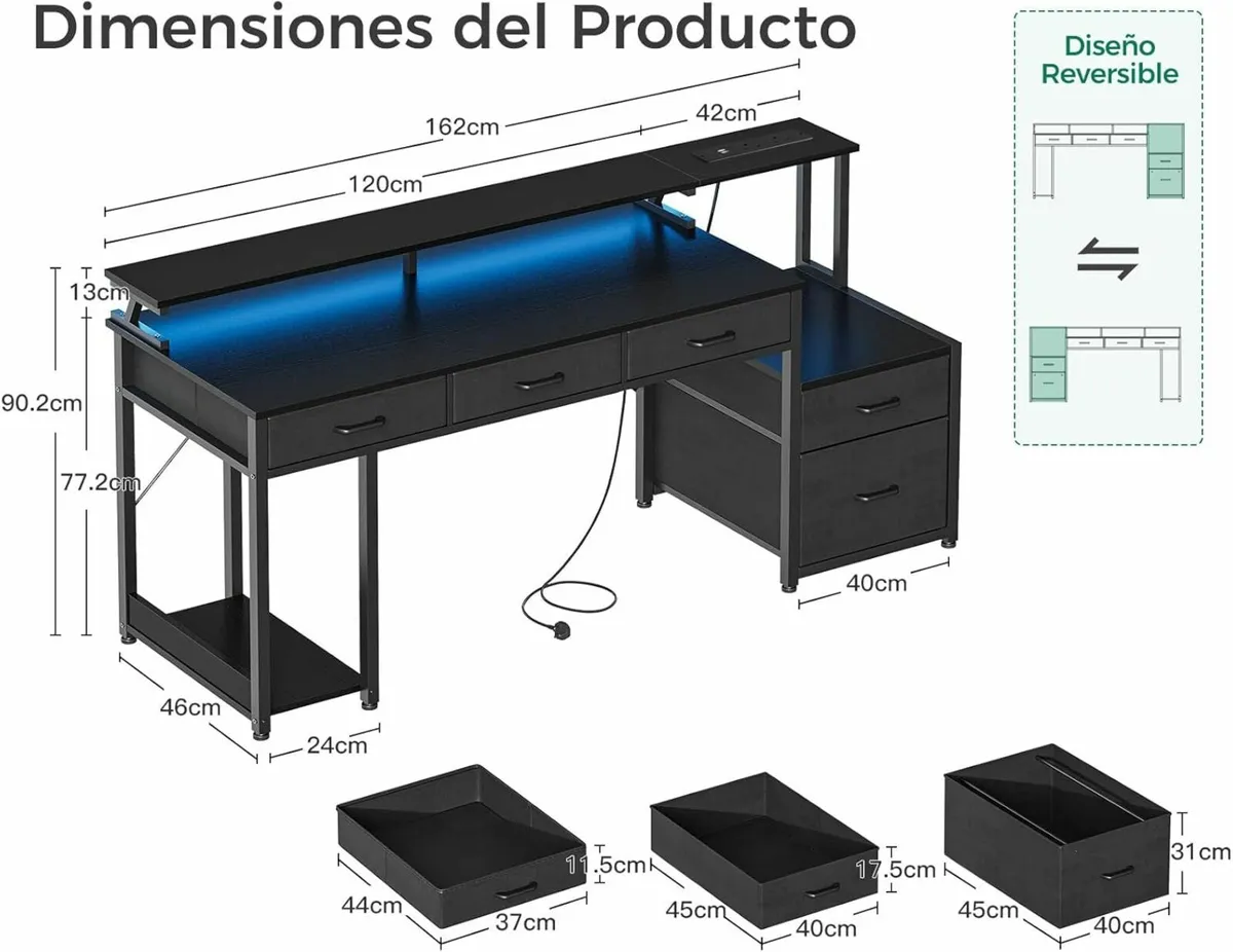 Computer Desk Office Storage Drawers, 162x48cm - Image 3