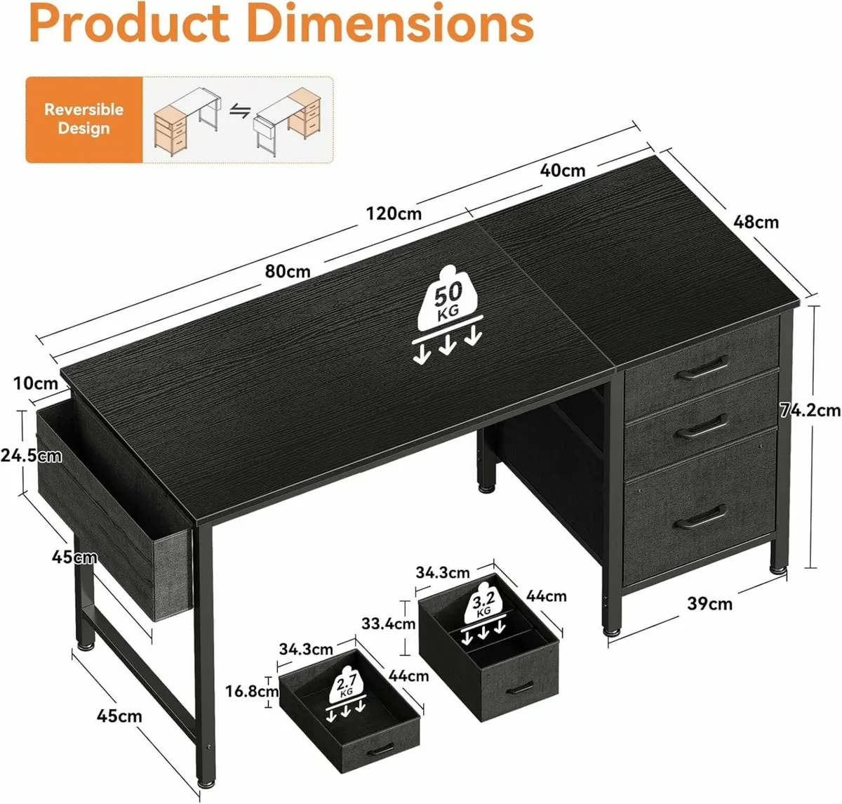 Computer Desk Drawers Office Reversible 120×48cm - Image 3