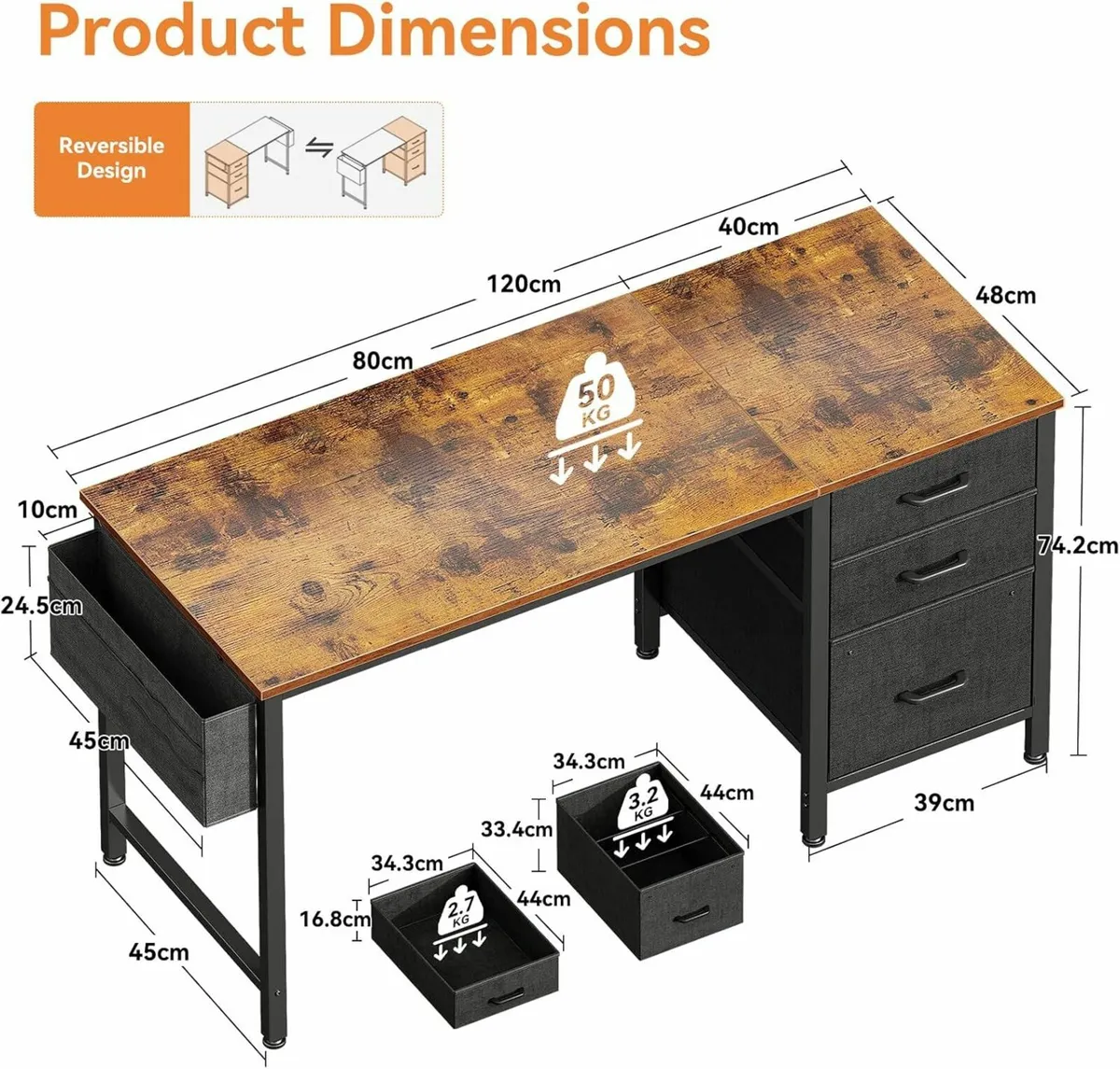 Computer 120×48cm Office Desk Storage Reversible - Image 4