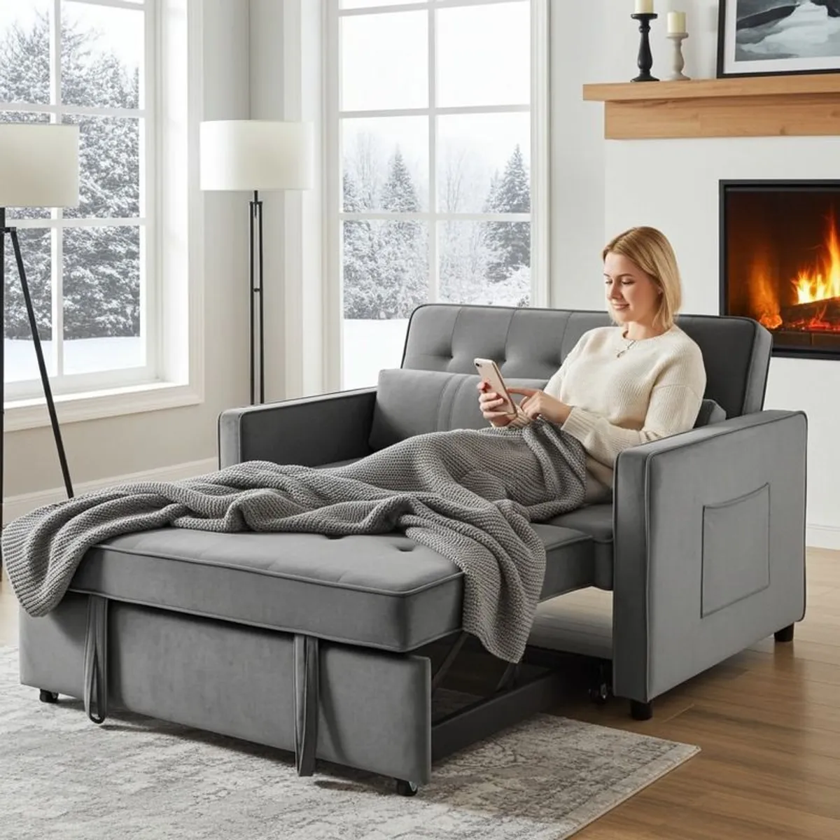 2 Seater Pull-Out Sofa Bed - 132 cm - Grey Velvet - Image 1