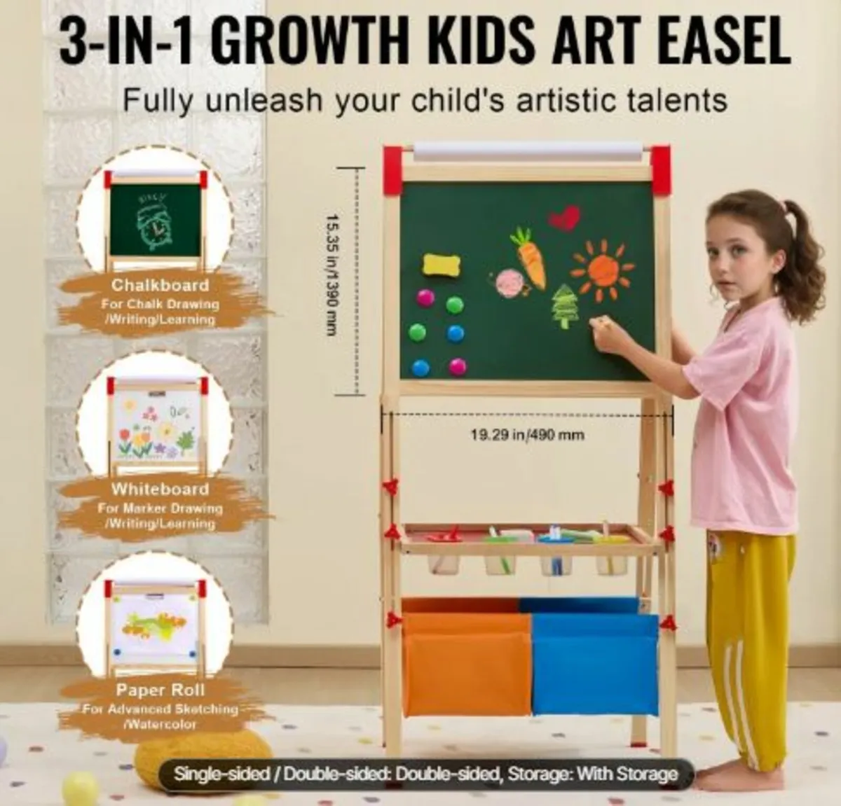 Art Easel for Kids,3-in-1 Wooden Double-Sided Kid - Image 2