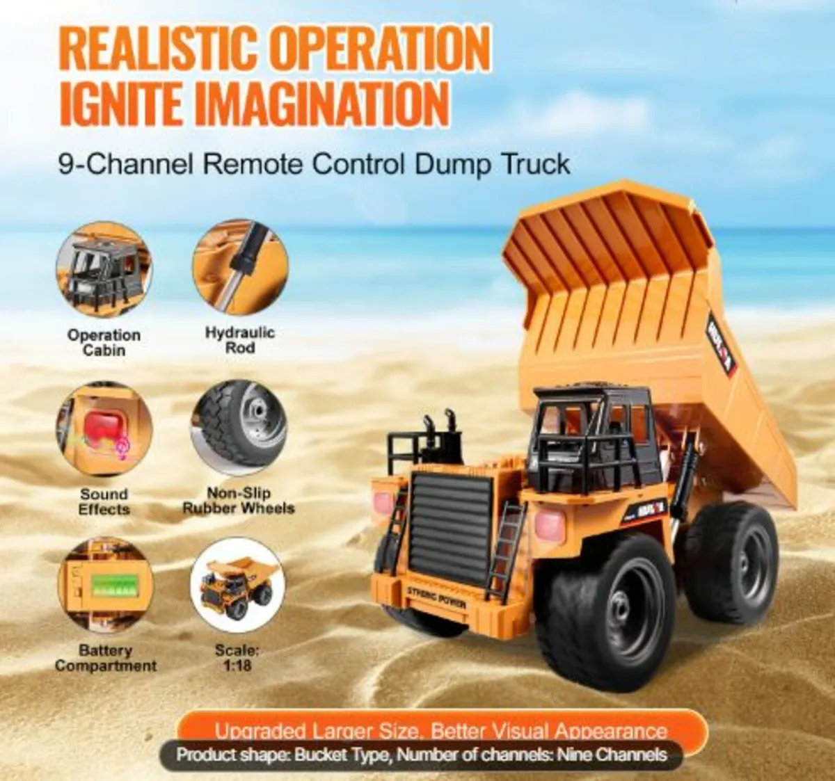 RC Dump Truck Toy, 9-Channel 1:18 Scale, Remote - Image 2