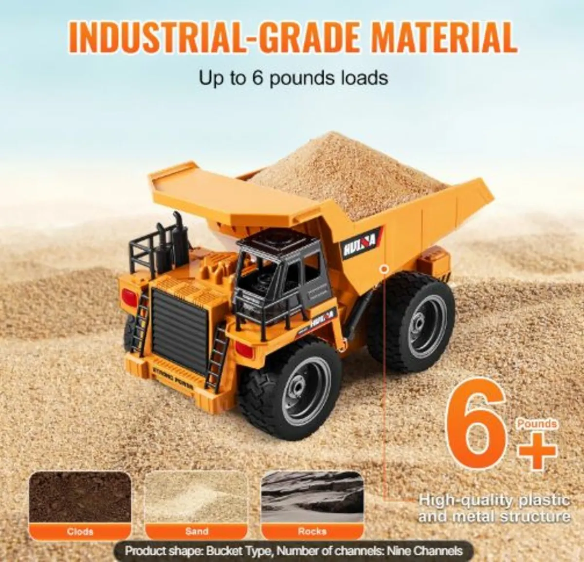 RC Dump Truck Toy, 9-Channel 1:18 Scale, Remote - Image 4