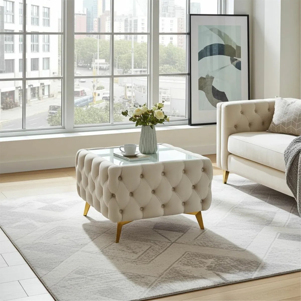 Chesterfield Velvet Square Coffee Table with Glass - Image 3