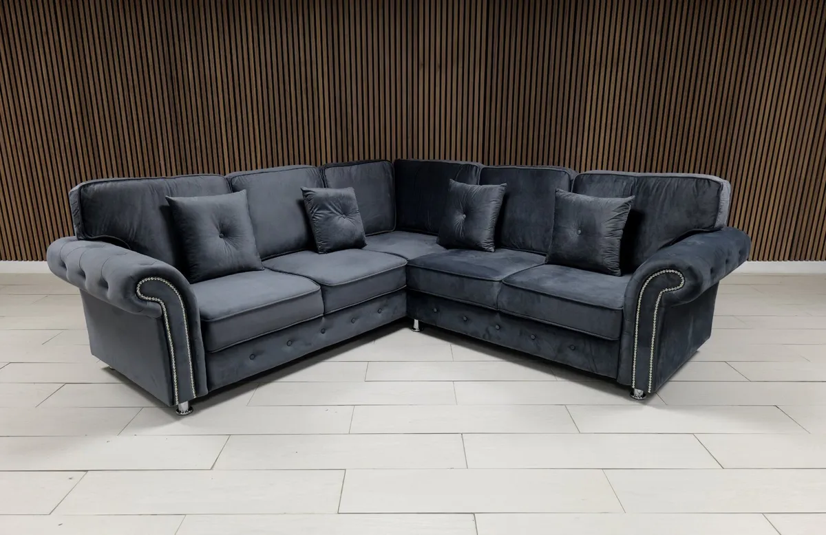 Olympia Corner & 3+2 Grey Fullback Cushions Sofa - Image 2