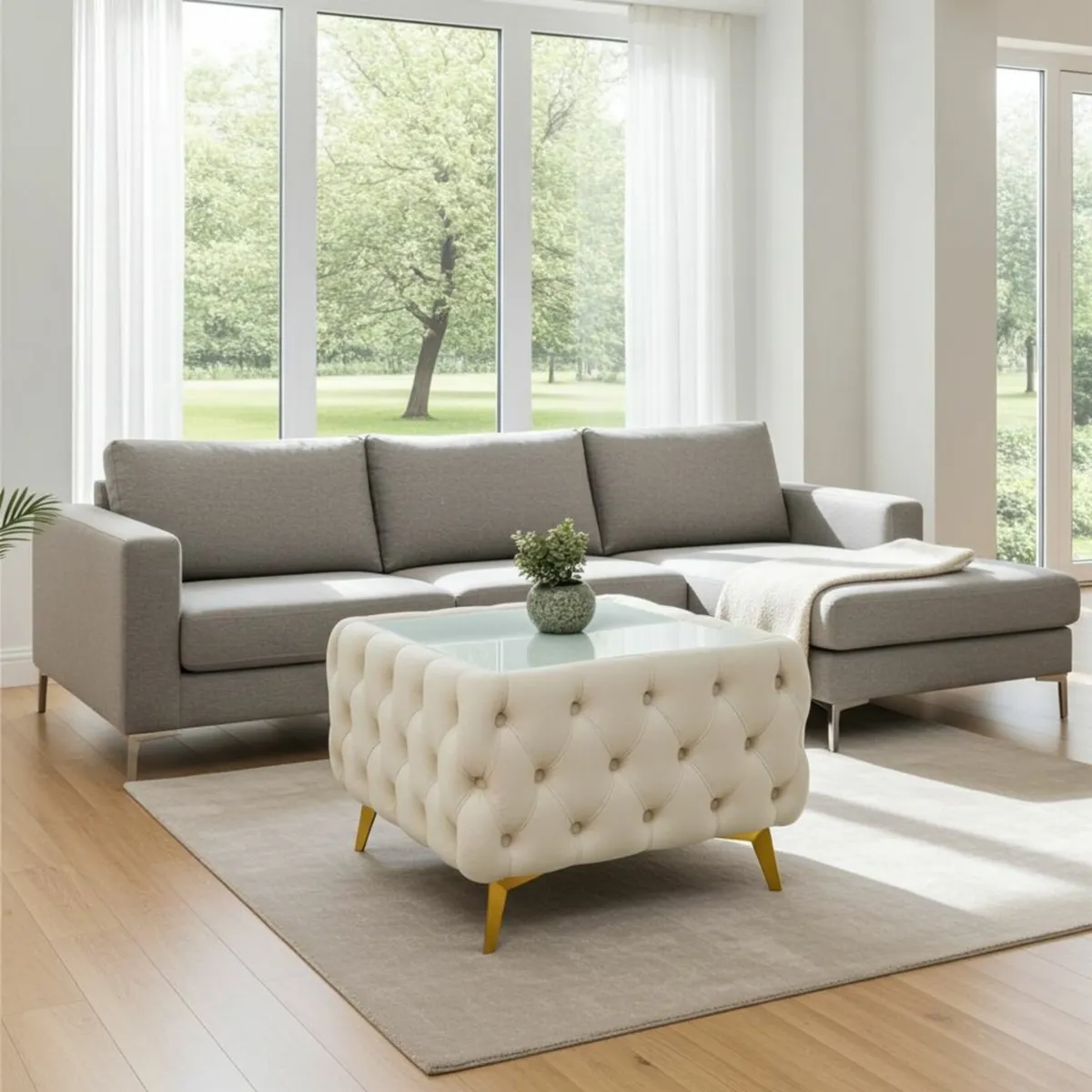 Chesterfield Velvet Square Coffee Table with Glass - Image 1