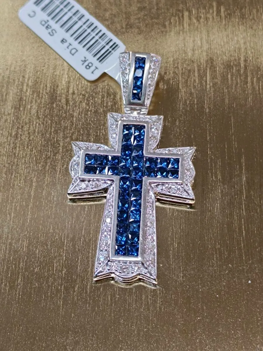 18k White Gold Sapphire & Diamond Cross Pendant - Image 1