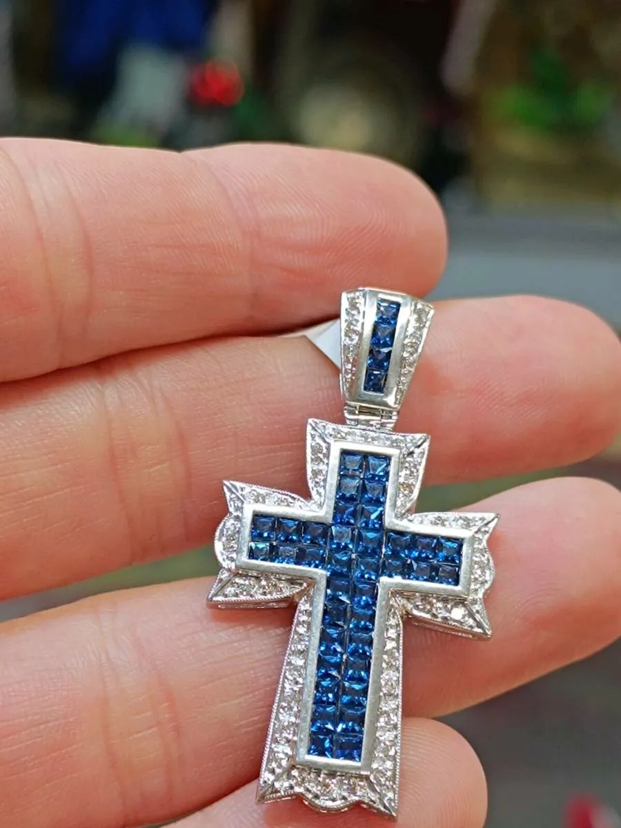18k White Gold Sapphire & Diamond Cross Pendant - Image 4