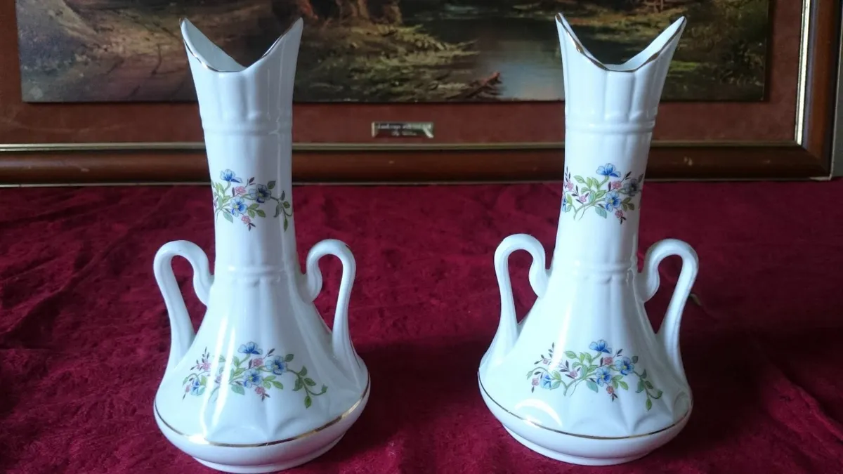 Pair Claddagh China Ireland 2 Handled Floral Vases - Image 1