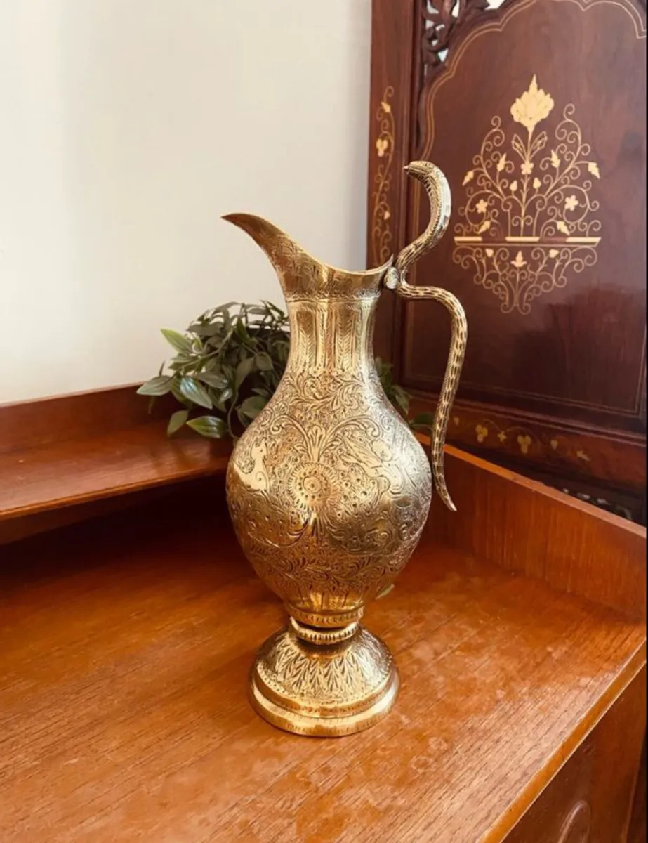 Vintage Brass Engraved Jug H27cm - Image 1
