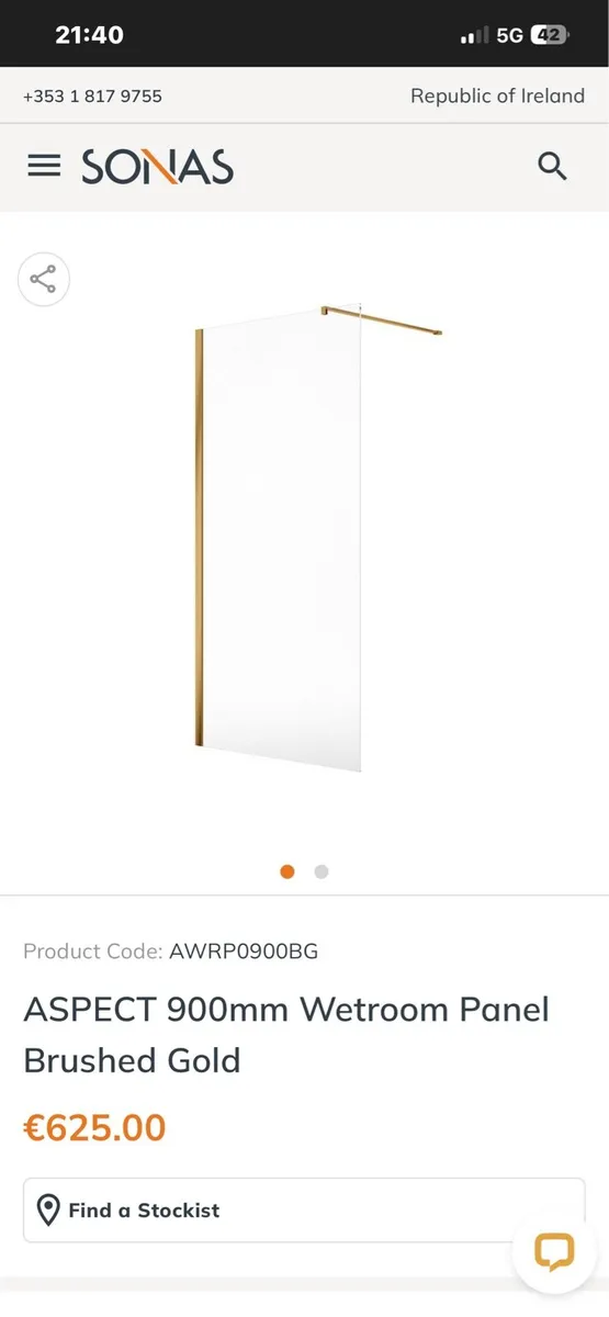 Sonas Wet room shower panel brushed gold 900mm