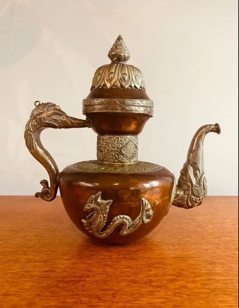 Vintage Asian Copper and Tin Tea Pot - Image 1