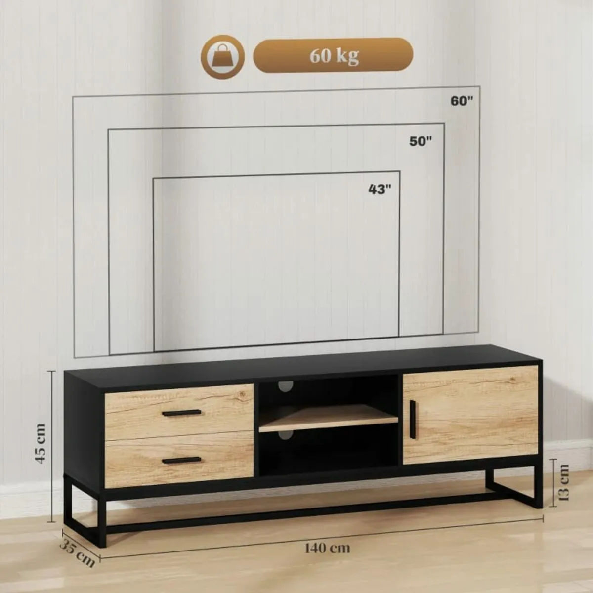 TV cabinet with door, 2 drawers, open compartments - Image 3