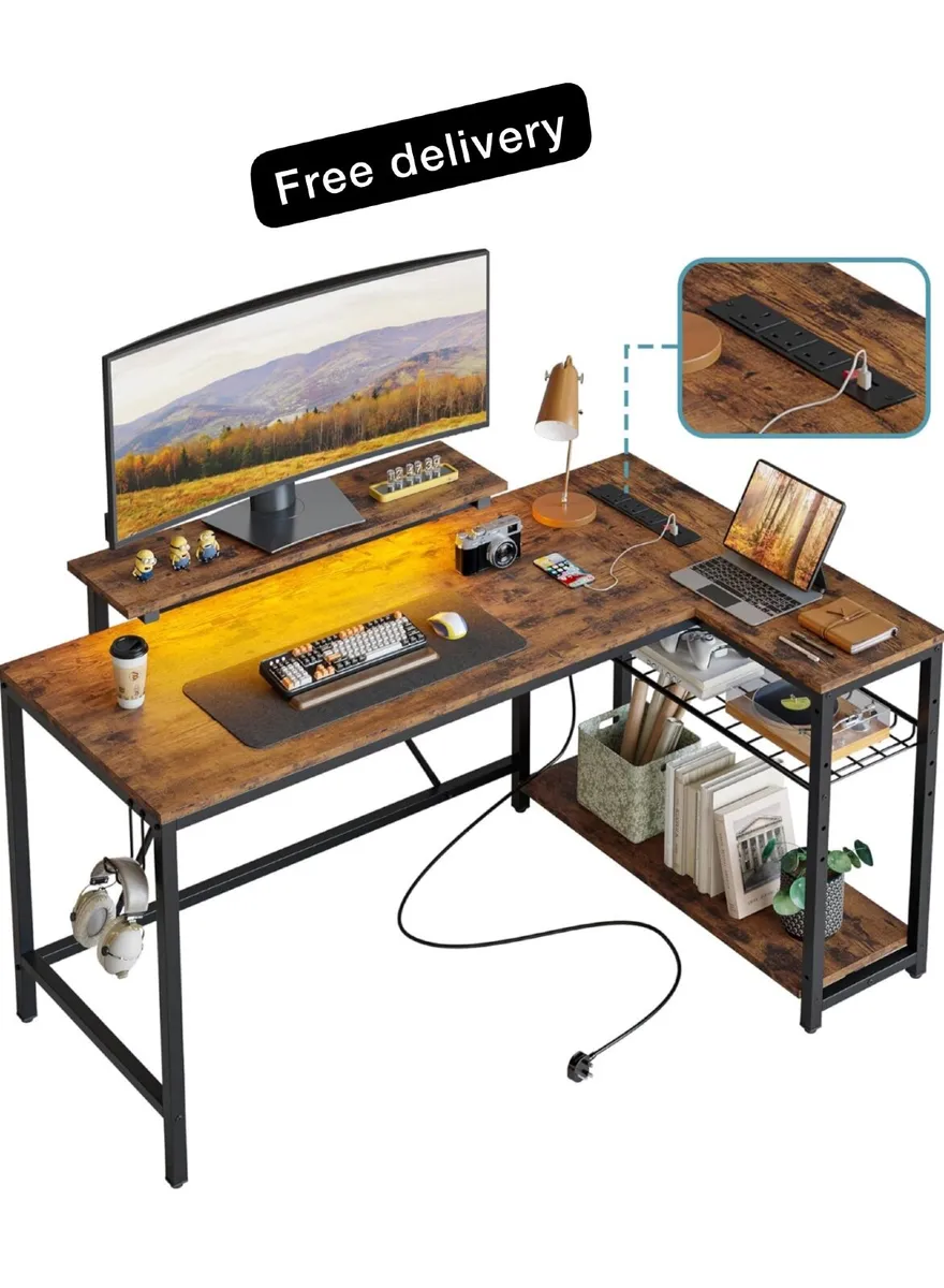 132.5CM L-Shaped Desk with 3 Power Outlets & 2 USB - Image 1