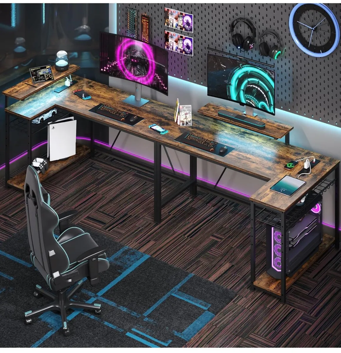 132.5CM L-Shaped Desk with 3 Power Outlets & 2 USB - Image 3