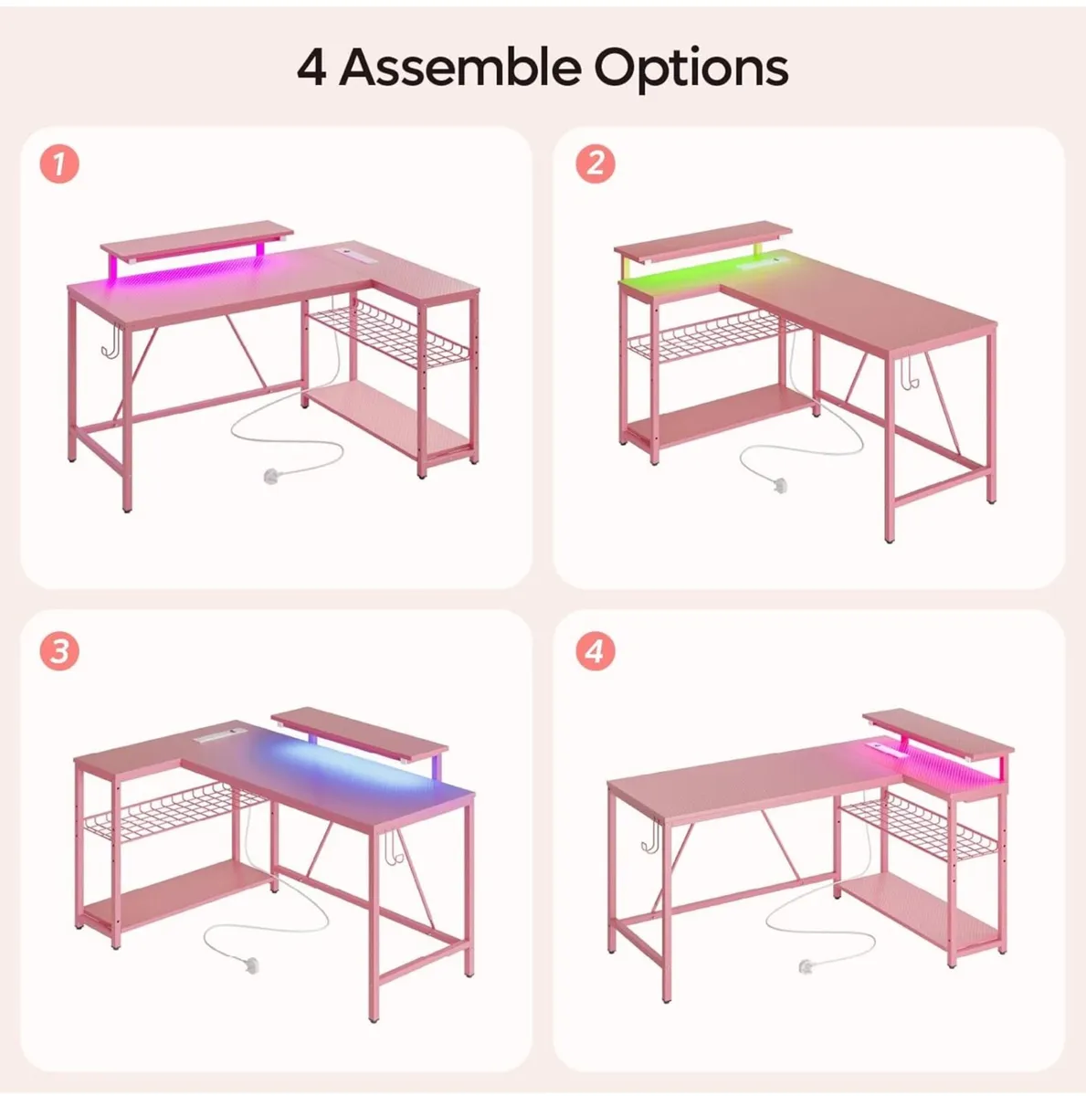 L-Shaped RGB Gaming Desk 132CM with Power Outlets - Image 3