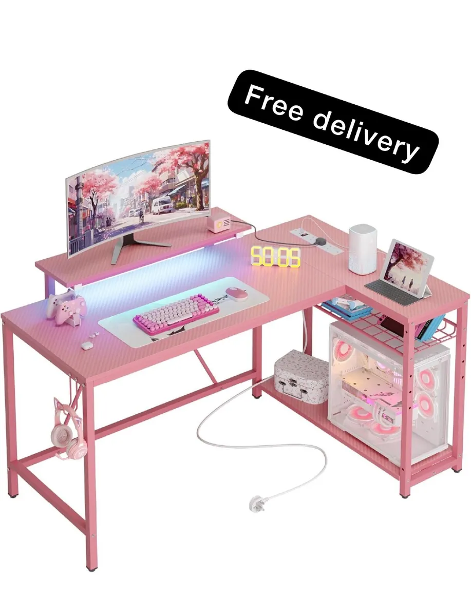 L-Shaped RGB Gaming Desk 132CM with Power Outlets - Image 1