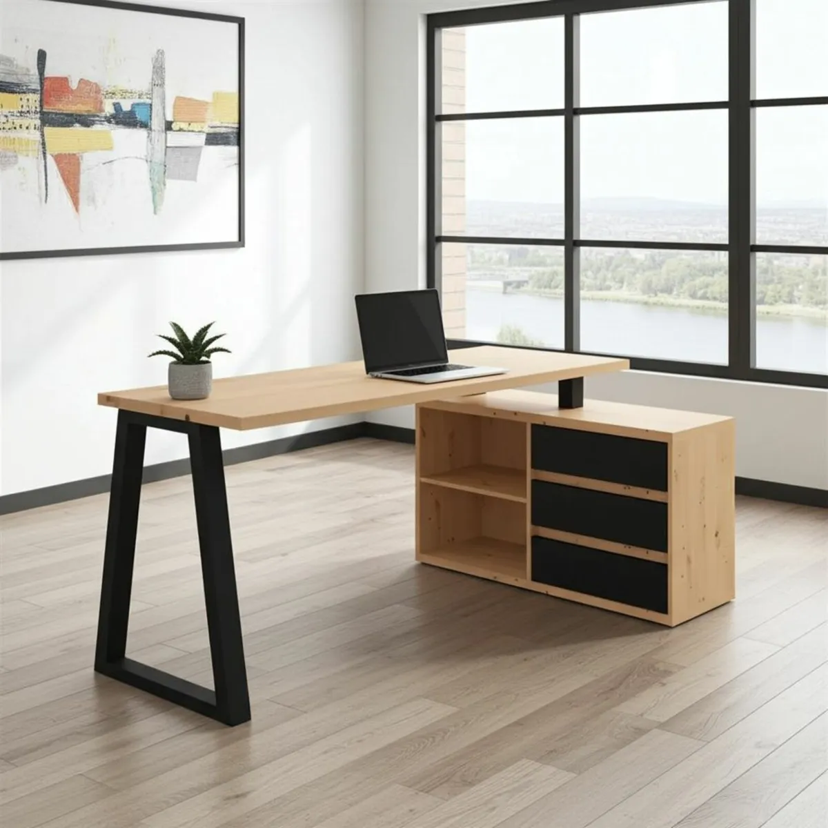 II Office Set Artisan Oak Desk with Black Accents - Image 1