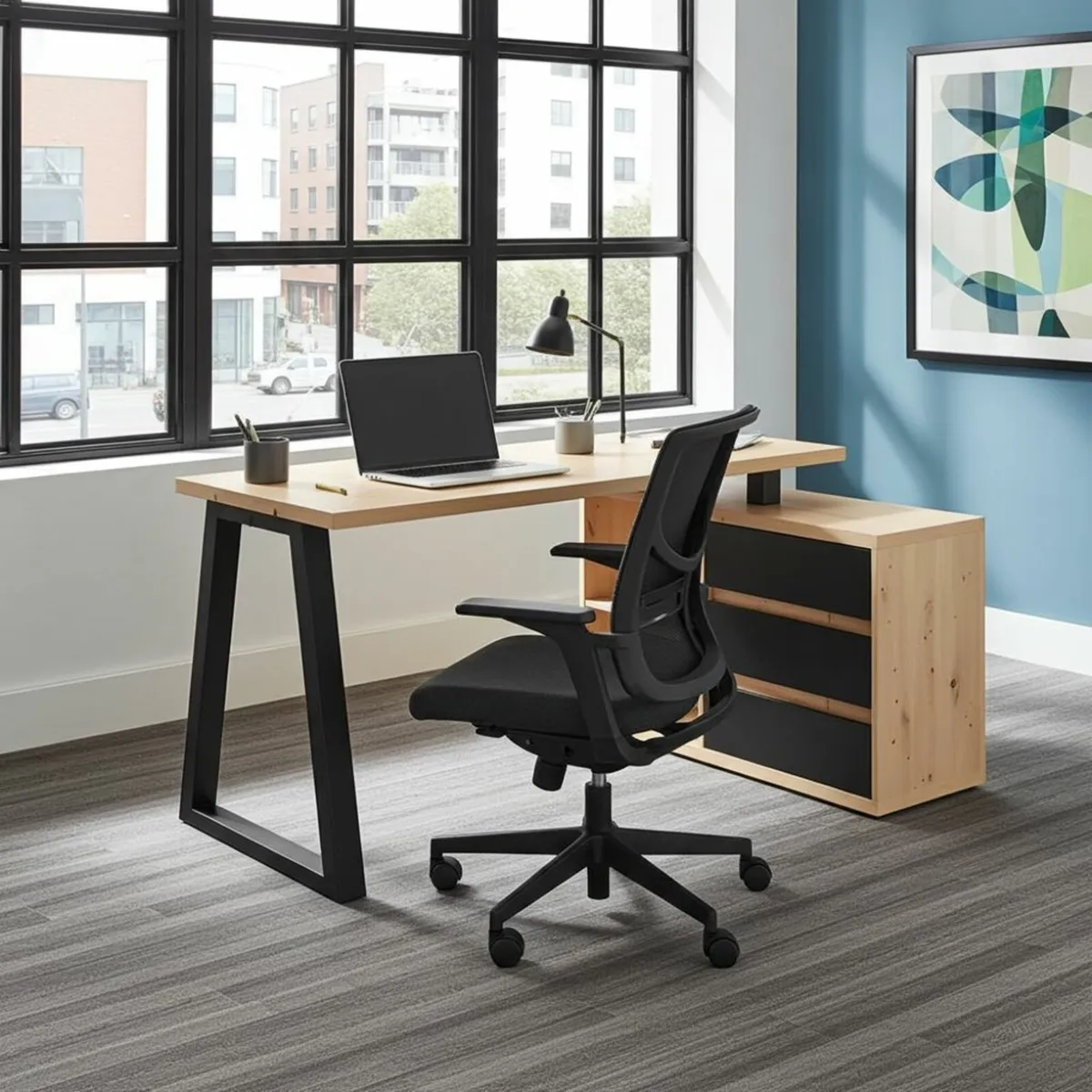 II Office Set Artisan Oak Desk with Black Accents - Image 2