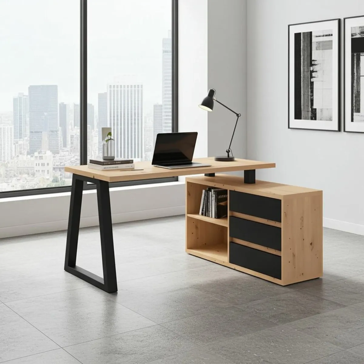 II Office Set Artisan Oak Desk with Black Accents - Image 3