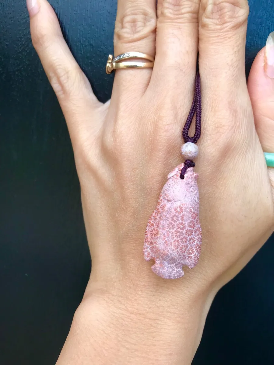 Fossil coral hand carved fish pendant necklace - Image 1