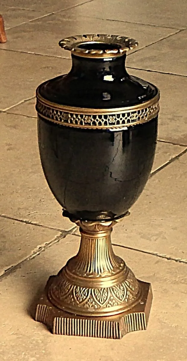Black Glass and Brass Ornate Urn - Image 1